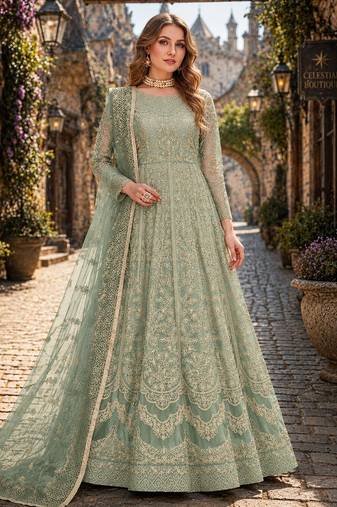 Light green embroidered net semi stitched anarkali suit