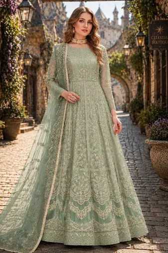 Light green embroidered net semi stitched anarkali suit