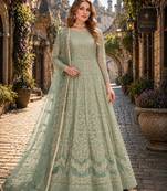 Light green embroidered net semi stitched anarkali suit