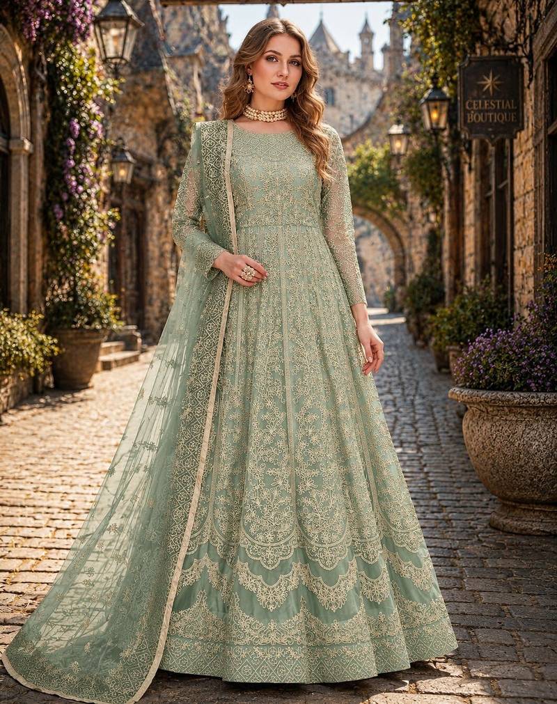 Light green embroidered net semi stitched anarkali suit