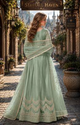 Light green embroidered net semi stitched anarkali suit 2
