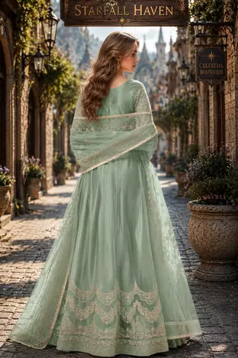 Light green embroidered net semi stitched anarkali suit