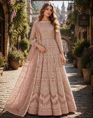 Peach embroidered net semi stitched anarkali suit 1