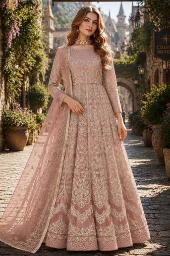 Peach embroidered net semi stitched anarkali suit