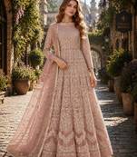Peach embroidered net semi stitched anarkali suit