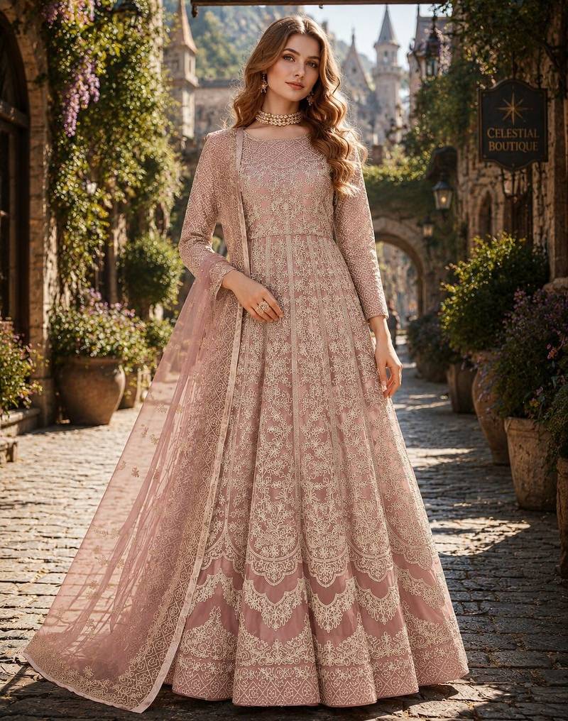 Peach embroidered net semi stitched anarkali suit