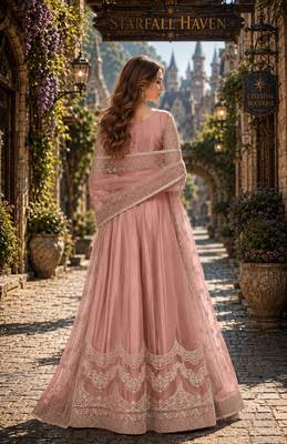 Peach embroidered net semi stitched anarkali suit 2
