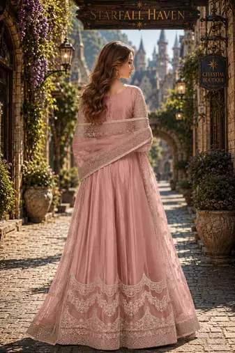Peach embroidered net semi stitched anarkali suit