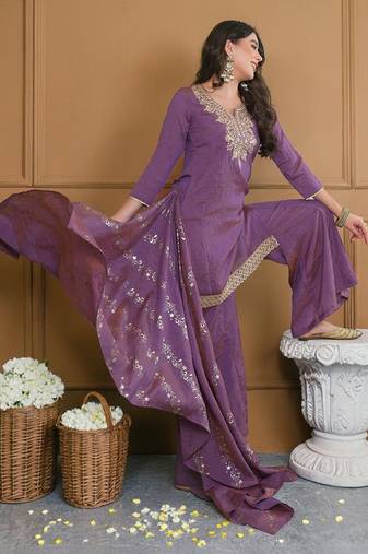 Women Ethnic Motifs Embroidered Regular Thread Work Kurta with Palazzos & With Dupatta
