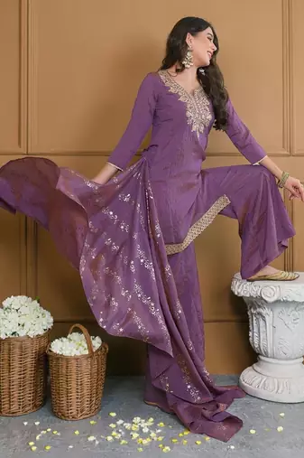 Women Ethnic Motifs Embroidered Regular Thread Work Kurta with Palazzos & With Dupatta