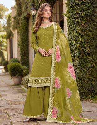 Green embroidered roman silk semi stitched sharara suit 1