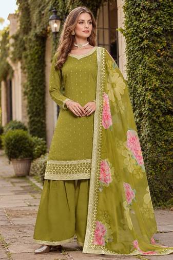 Green embroidered roman silk semi stitched sharara suit