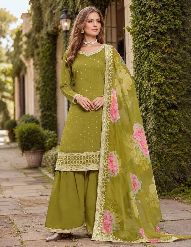 Green embroidered roman silk semi stitched sharara suit