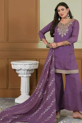 Women Ethnic Motifs Embroidered Regular Thread Work Kurta with Palazzos & With Dupatta