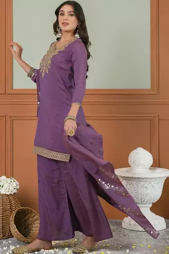 Women Ethnic Motifs Embroidered Regular Thread Work Kurta with Palazzos & With Dupatta