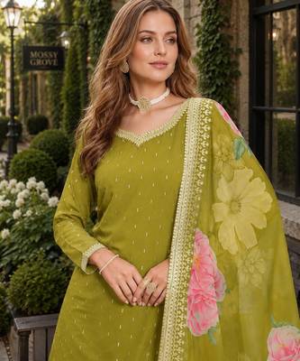 Green embroidered roman silk semi stitched sharara suit 2