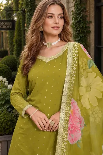 Green embroidered roman silk semi stitched sharara suit