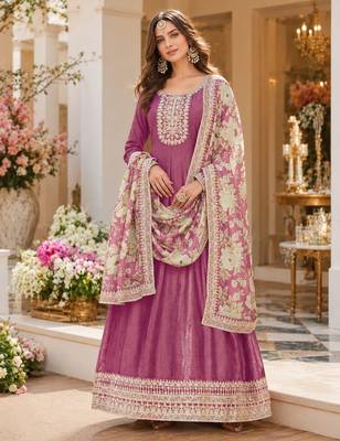 Pink embroidered art silk semi stitched anarkali suit 1