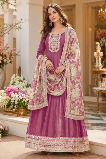 Pink embroidered art silk semi stitched anarkali suit