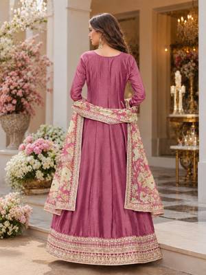 Pink embroidered art silk semi stitched anarkali suit 2