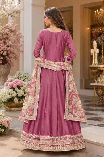 Pink embroidered art silk semi stitched anarkali suit