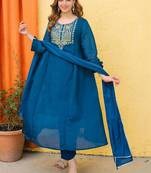Women Ethnic Motifs Embroidered Angrakha Thread Work Chanderi Silk Kurta with Trousers & With Dupatta