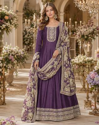 Purple embroidered art silk semi stitched anarkali suit 1