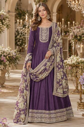 Purple embroidered art silk semi stitched anarkali suit