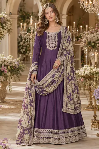 Purple embroidered art silk semi stitched anarkali suit