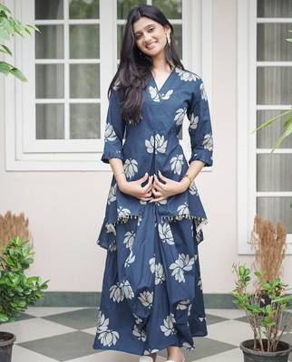 ROYAL INDIGO LOTUS PRINT DHOTI & A-LINE TUNIC SET WITH FRINGE ACCENTS 1