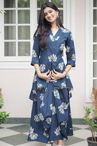 ROYAL INDIGO LOTUS PRINT DHOTI & A-LINE TUNIC SET WITH FRINGE ACCENTS