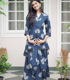 ROYAL INDIGO LOTUS PRINT DHOTI & A-LINE TUNIC SET WITH FRINGE ACCENTS