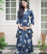 ROYAL INDIGO LOTUS PRINT DHOTI & A-LINE TUNIC SET WITH FRINGE ACCENTS