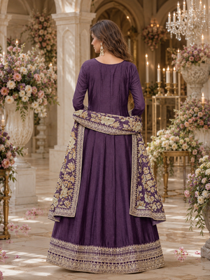 Purple embroidered art silk semi stitched anarkali suit 2