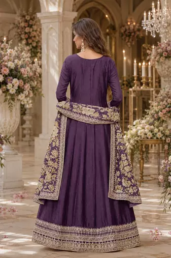 Purple embroidered art silk semi stitched anarkali suit