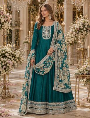 Teal green embroidered art silk semi stitched anarkali suit 1