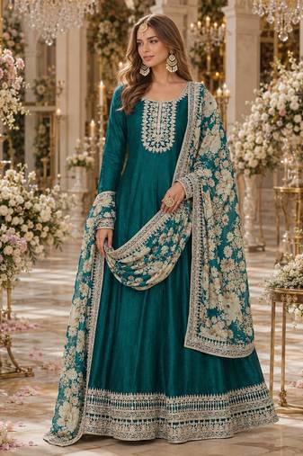 Teal green embroidered art silk semi stitched anarkali suit