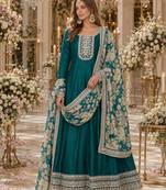 Teal green embroidered art silk semi stitched anarkali suit