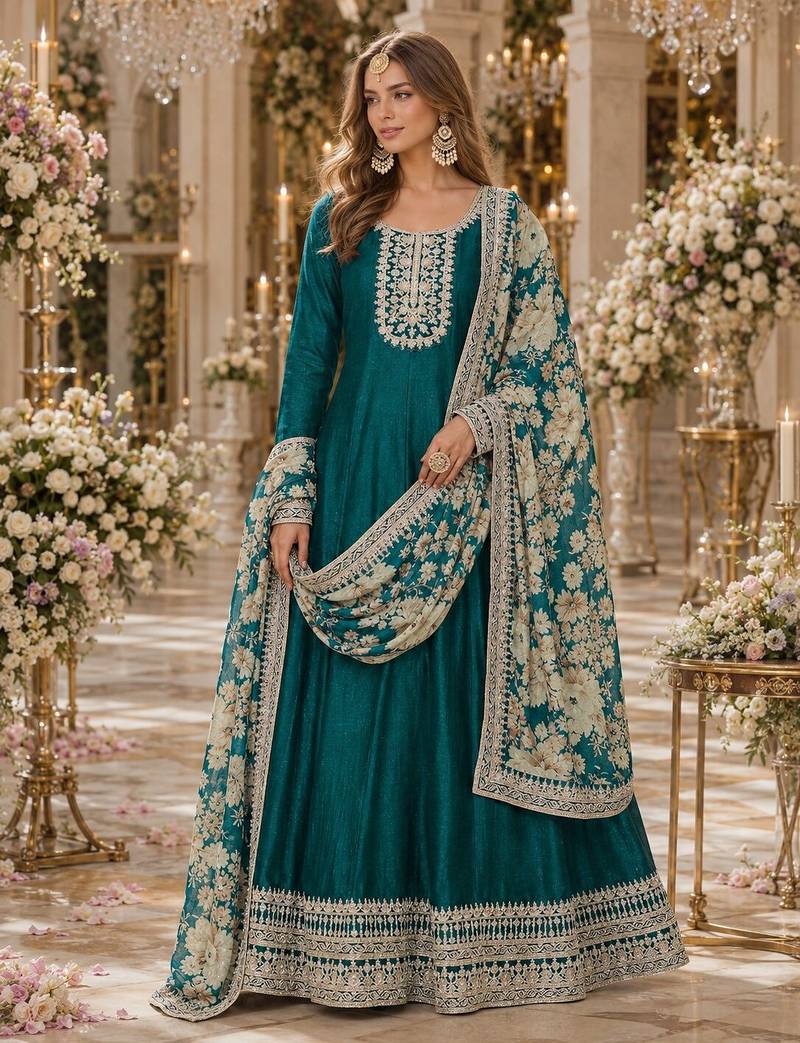 Teal green embroidered art silk semi stitched anarkali suit