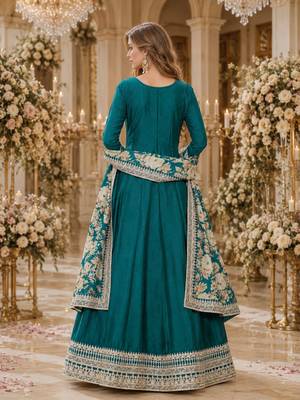 Teal green embroidered art silk semi stitched anarkali suit 2