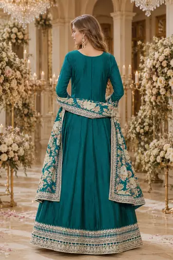Teal green embroidered art silk semi stitched anarkali suit