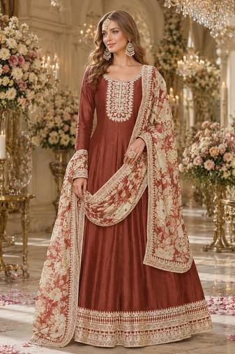 Coffee embroidered art silk semi stitched anarkali suit