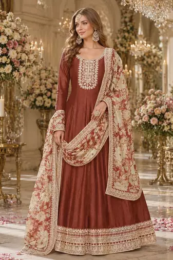 Coffee embroidered art silk semi stitched anarkali suit