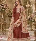 Coffee embroidered art silk semi stitched anarkali suit