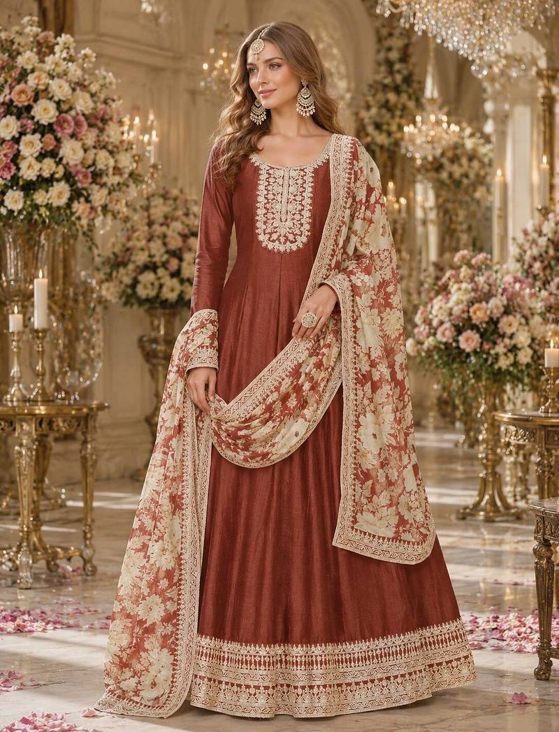 Coffee embroidered art silk semi stitched anarkali suit