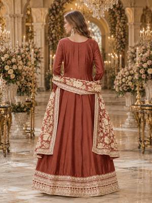 Coffee embroidered art silk semi stitched anarkali suit 2