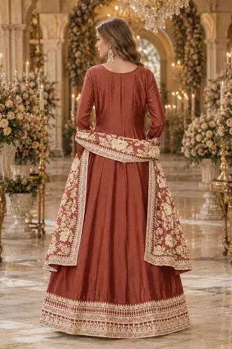 Coffee embroidered art silk semi stitched anarkali suit