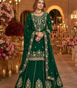Green premium embroidered vichitra silk free size lehenga style suit UP To 42