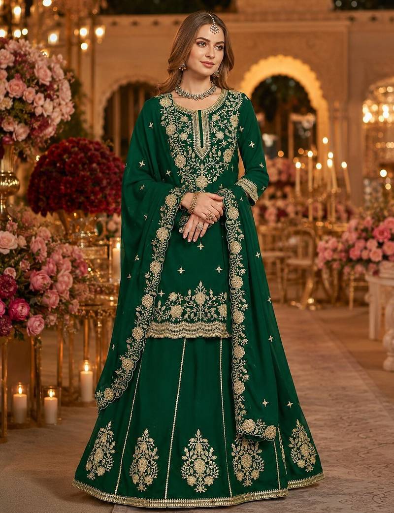 Green premium embroidered vichitra silk free size lehenga style suit UP To 42