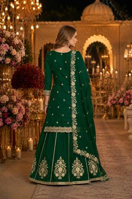 Green premium embroidered vichitra silk free size lehenga style suit UP To 42 2